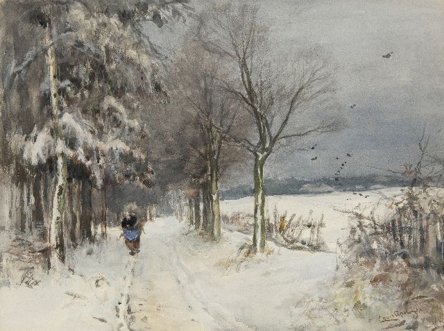 Louis Apol | A snowy landscape with a wood gatherer, watercolour and gouache on paper, 40.1 x 53.1 cm, signed l.r.