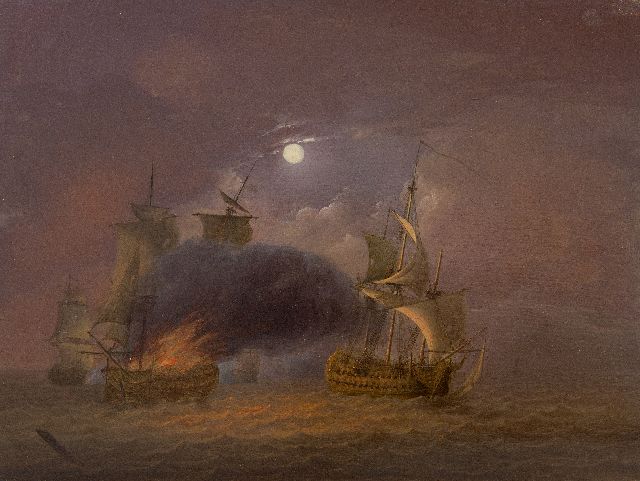 Jan van Os | Sea battle at full moon, oil on panel, 26.6 x 35.3 cm, signed l.l. and painted ca. 1800