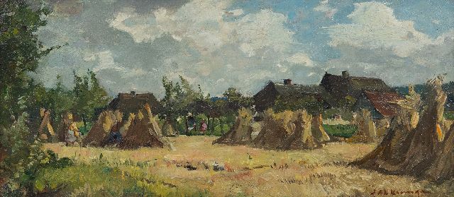 Akkeringa J.E.H.  | Children playing between wheat sheaves, oil on panel 12.1 x 27.1 cm, signed l.r.