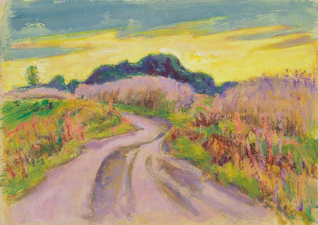 Altink J.  | Country road with yellow sky; on the reverse: Wooded path, gouache on paper 56.0 x 78.4 cm