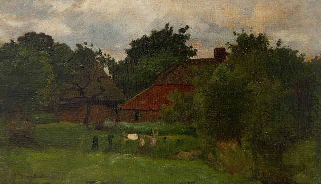 Weissenbruch H.J.  | A farmhouse with drying laundry, oil on canvas laid down on panel 15.4 x 26.1 cm, signed l.l.