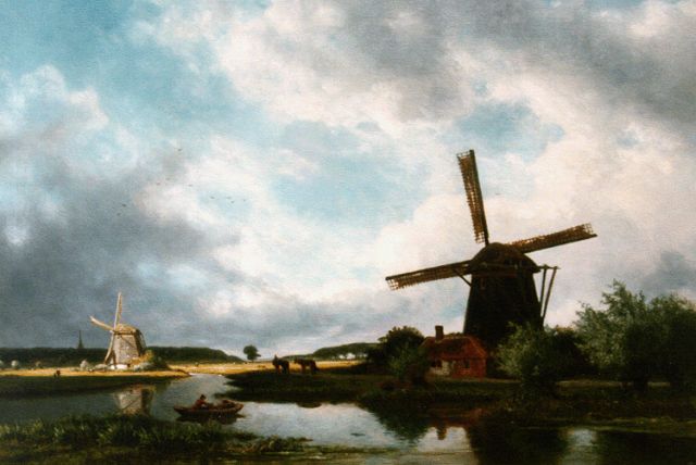 Willem Roelofs | Windmills along a canal, oil on canvas, 68.5 x 99.5 cm, signed l.l.