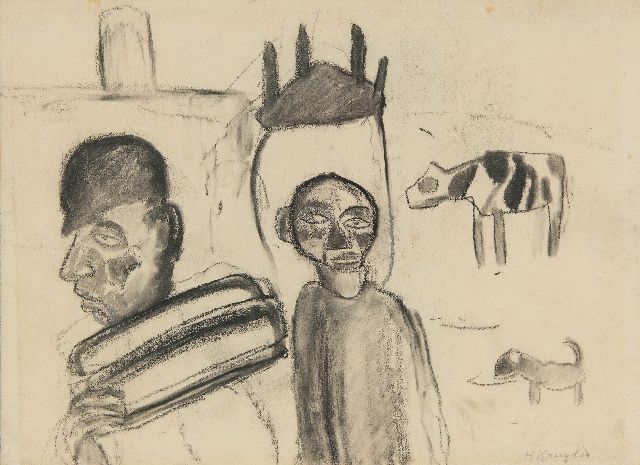 Kruyder H.J.  | Two men with a cow and dog, charcoal on paper 19.1 x 26.1 cm, signed l.r. and executed ca. 1920