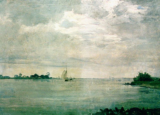 Voerman sr. J.  | A sailing vessel on a lake, oil on canvas 30.3 x 42.0 cm