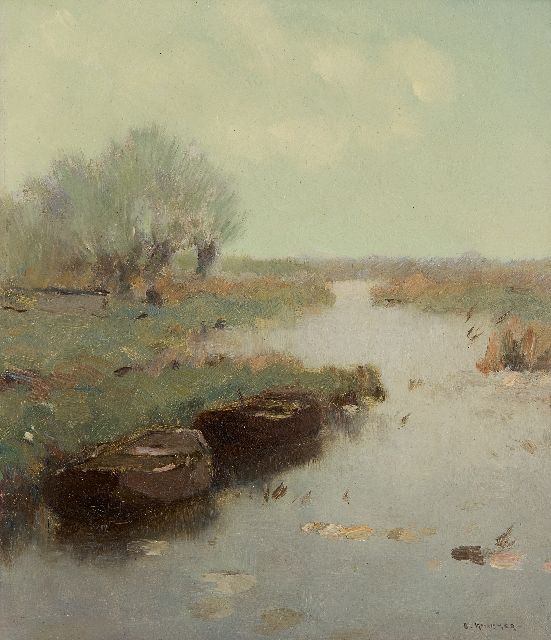 Knikker A.  | Moored rowing boats in a canal, oil on painter's board 25.4 x 21.4 cm, signed l.r.