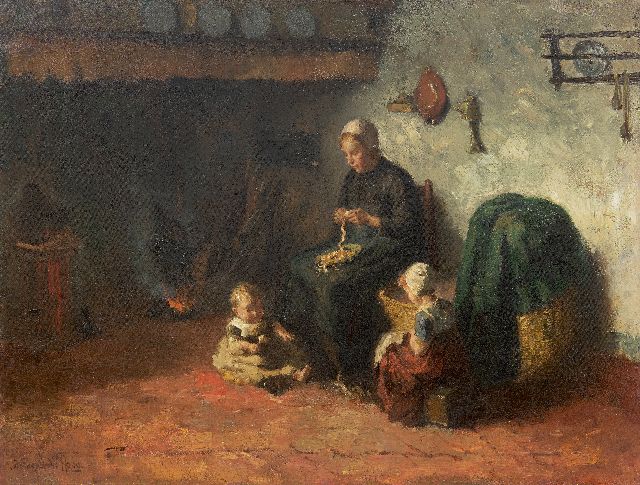 Bernard de Hoog | A farm interior in Laren  with mother and children, oil on canvas, 50.0 x 65.5 cm, signed l.l.