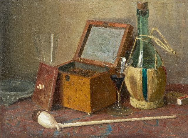 Altink J.  | Still life with tobacco box, pipe and wine bottle of Altink, oil on canvas 30.3 x 40.3 cm, signed l.r.