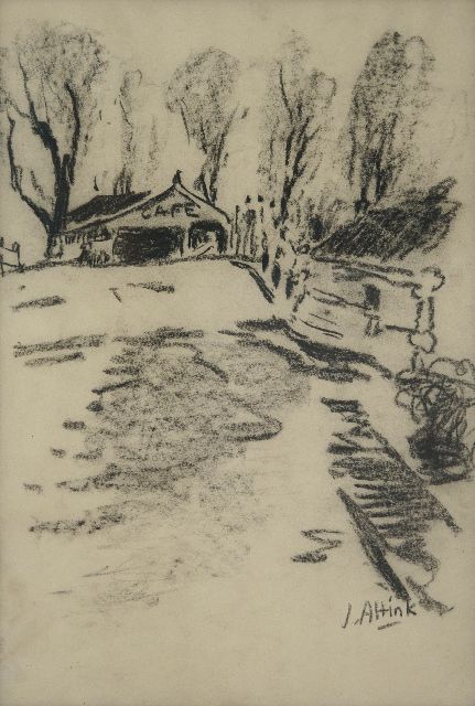 Altink J.  | Café near the bridge in Steentil, charcoal on paper 48.5 x 33.5 cm, signed l.r. and executed ca. '56