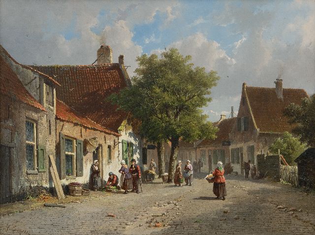 Eversen A.  | A sunny, busy village view, oil on panel 33.0 x 43.9 cm, signed l.l.