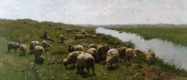 Anton Mauve | A shepherd and flock in the dunes, oil on canvas, 58.4 x 111.7 cm, signed l.l.
