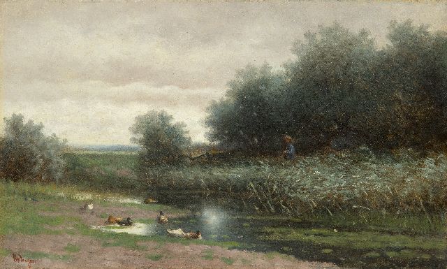 Ingen H.A. van | A polder landscape with angler, oil on canvas 30.7 x 50.2 cm, signed l.l.
