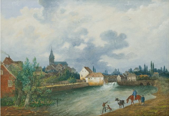 Knip H.J.  | View of a town with a fast flowing river (possibly Switzerland), gouache on paper 49.5 x 72.7 cm, signed l.r.
