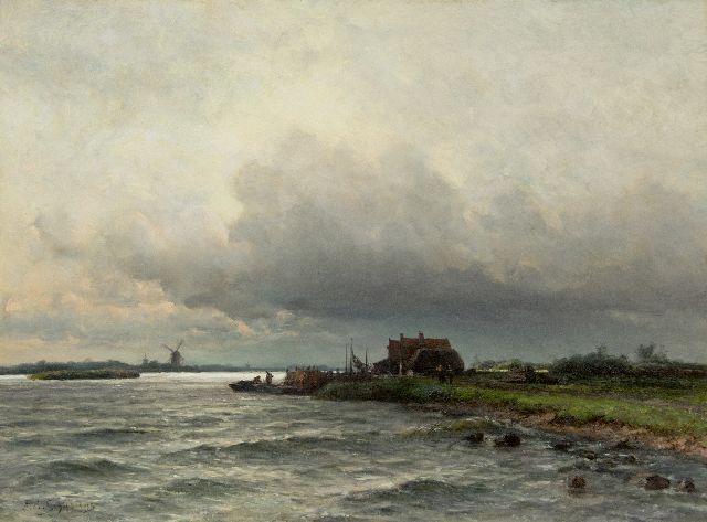 Piet Schipperus | River under a Dutch cloudy sky, oil on canvas, 60.5 x 80.5 cm, signed l.l. and on a label on the stretcher