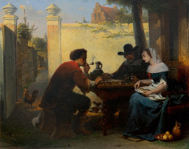 Laar J.H. van de | Playing checkers in the courtyard, oil on panel 40.8 x 51.1 cm, signed l.l. on the bench and dated 1864