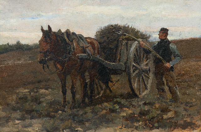 Hoynck van Papendrecht J.  | A farmer with horse and cart in the fields, oil on canvas 32.6 x 48.9 cm, signed l.r. and on a label on the stretcher and dated 1890