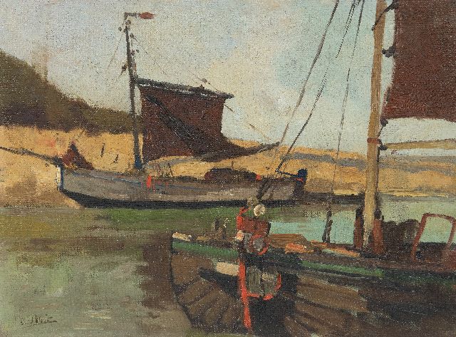 Leendert van der Vlist | Fishing barges moored in a canal, oil on canvas laid down on panel, 26.9 x 36.5 cm, signed l.l. and without frame