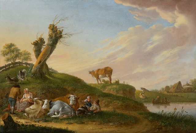 Schweickhardt H.W.  | Shepherds with their flock near a river, oil on panel 33.5 x 47.2 cm, signed l.l. and dated 1774