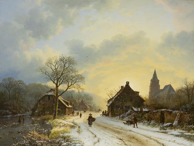 Koekkoek B.C.  | A Lower Rhine winter landscape with a church inspired by the village church at Aerdt, oil on canvas 39.7 x 52.4 cm, signed l.l. and dated 1837