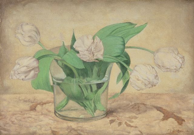 Everbag F.  | White tulips in a glass vase, oil on canvas 23.5 x 33.4 cm, signed l.r. and dated '26