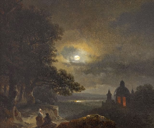Kuhnen P.L.  | Young peasant folk looking out over a moonlit river valley, oil on panel 18.1 x 21.3 cm, signed l.l.