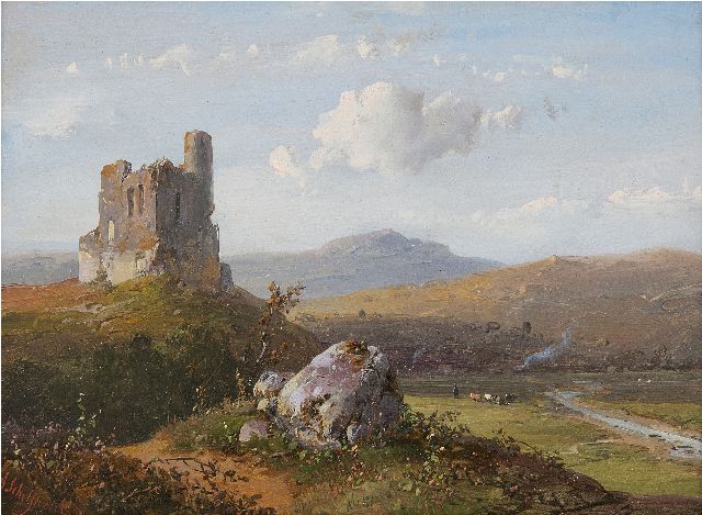 Andreas Schelfhout | Panoramic landscape with ruin, oil on panel, 14.8 x 21.1 cm, signed l.l. and dated '50