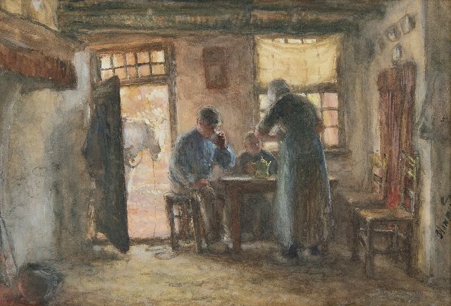 Blommers B.J.  | The waiting horse - Farmers family around the table, watercolour on paper 37.6 x 54.3 cm, signed l.r.