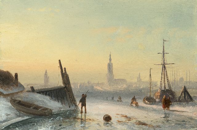 Leickert C.H.J.  | Ice scene with skaters near a city, oil on panel 11.7 x 17.3 cm, signed l.l. with initials
