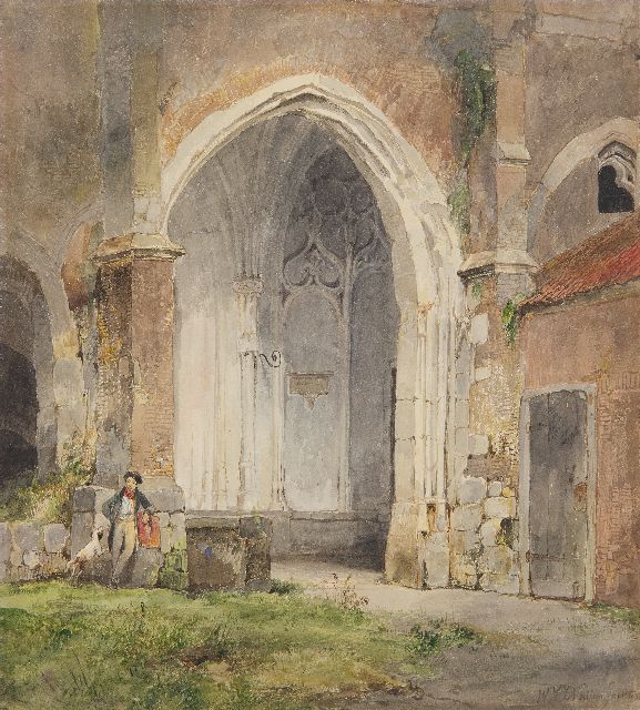 Nuijen W.J.J.  | Man and his dog in the cloister of the Dom of Utrecht, watercolour on paper 26.5 x 23.6 cm, signed l.r. and dated 1833