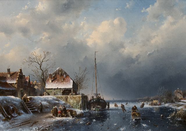 Leickert C.H.J.  | A winter scene with skaters and a fishing ship stuck in the ice, oil on canvas 60.4 x 84.8 cm, signed l.r. and dated '56