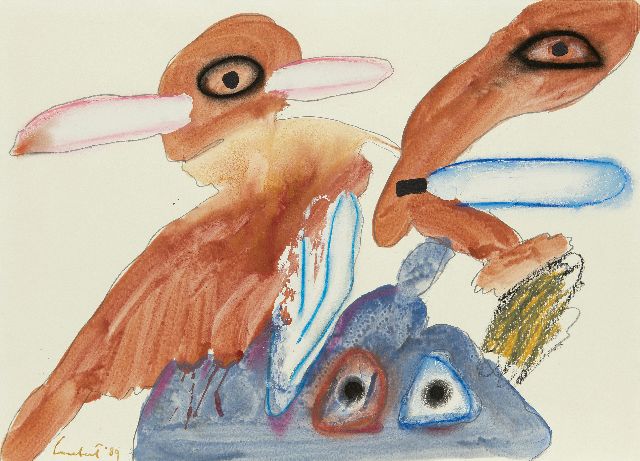 Lucebert | Three creatures, four eyes, pencil, chalk, watercolour and oil on paper, 50.2 x 70.0 cm, signed l.l. and dated '89