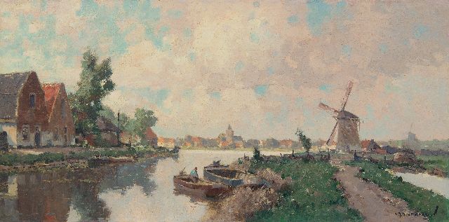 Delfgaauw G.J.  | View on a village alongside a river, oil on canvas 40.4 x 80.1 cm, signed l.r. and on the stretcher and without frame