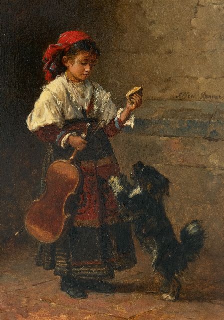 Ronner A.  | Gypsy girl with her dog, oil on panel 24.7 x 17.7 cm, signed c.r.