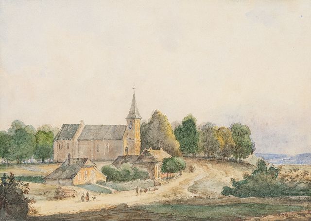 Kleijn L.J.  | Church in a hilly landscape, watercolour on paper laid down on board 14.5 x 20.1 cm, signed l.r. A. Schelfhout