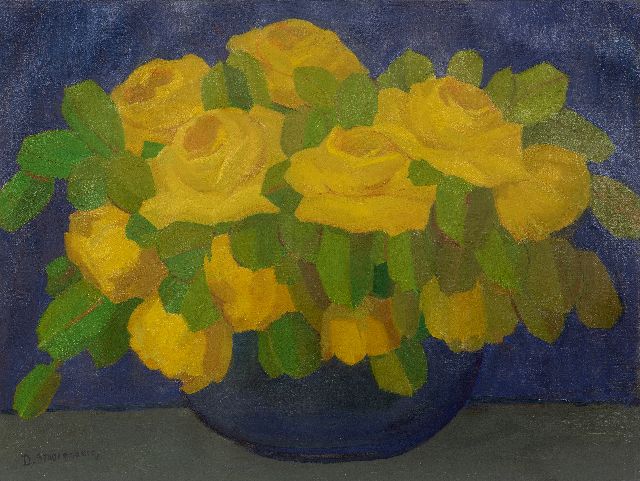Dirk Smorenberg | Yellow roses in a blue vase, oil on board, 55.0 x 72.7 cm, signed l.l.