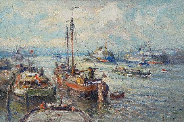Evert Moll | Ship traffic at Rotterdam's harbour, oil on canvas, 40.4 x 60.0 cm, signed l.r.
