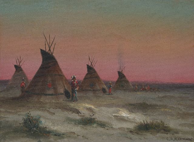 Harmon C.H.  | Wigwammen met indianen, olieverf op doek 23,0 x 30,8 cm, gesigneerd r.o.