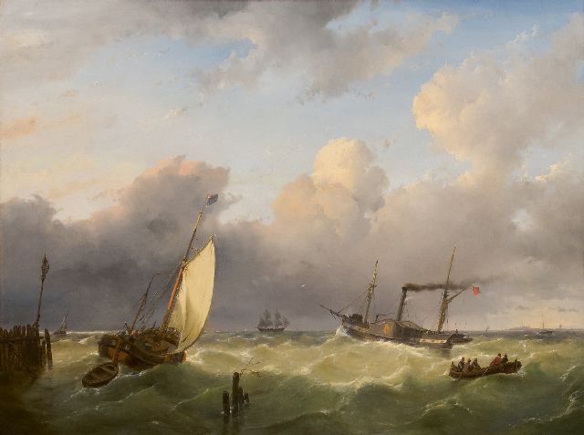 Andreas Schelfhout | Sailing vessels and a steamer on open water, oil on panel, 67.6 x 90.6 cm, signed l.l. and dated 1845