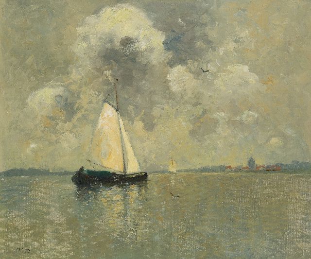 Soer C.  | Sailing barge  on a river, oil on canvas laid down on panel 62.5 x 74.9 cm, signed l.l.