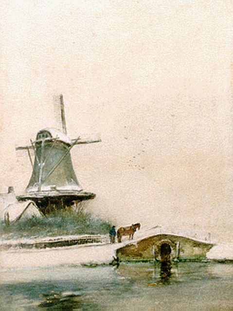 Apol L.F.H.  | A windmill in a snow-covered landscape, watercolour on paper 36.1 x 27.1 cm, signed l.l.
