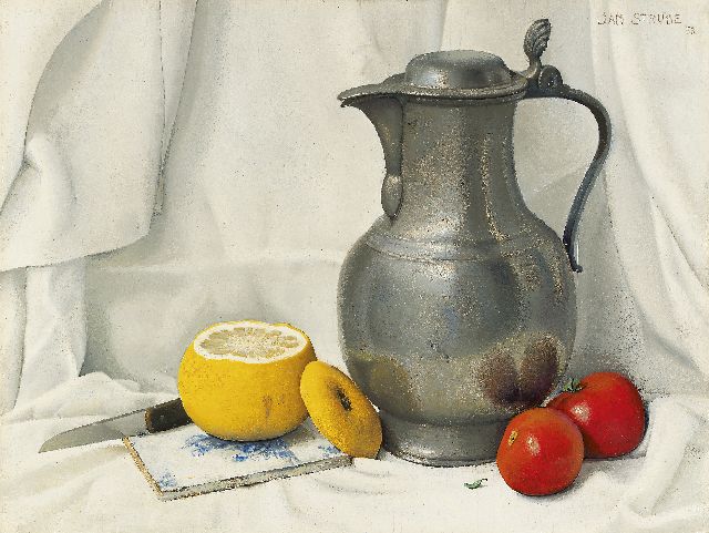 Strube J.H.  | Still life with a tin jar, a lemon and tomatoes, oil on panel 31.1 x 40.8 cm, signed u.r. and dated '53