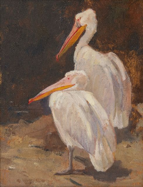Mension C.J.  | Two pelicans, oil on panel 36.5 x 27.2 cm, signed u.r.