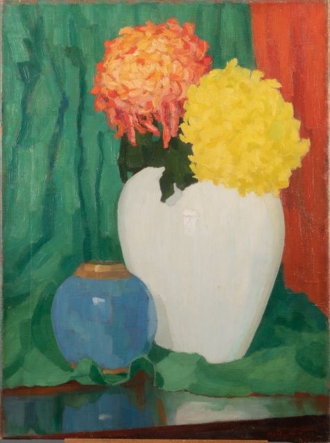 Hollandse Schook, begin 20e eeuw | Stilleven met bolchrysanten   i.o., olieverf op doek, 67,0 x 50,1 cm