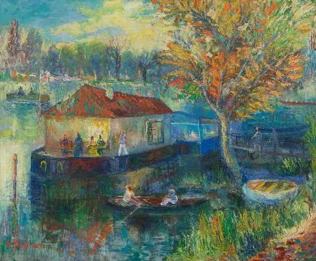Robert Bogliani | Zomers café op het water, olieverf op board, 50,0 x 61,0 cm, gesigneerd l.o.