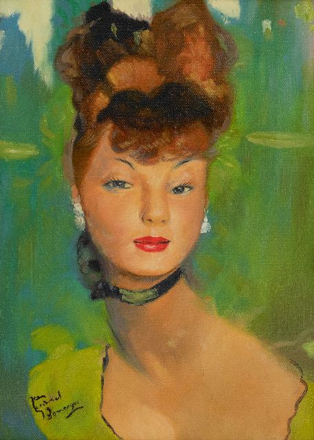 Domergue J.G.  | Jonge vrouw gekleed in groen, olieverf op doek 33,5 x 24,0 cm, gesigneerd l.o.