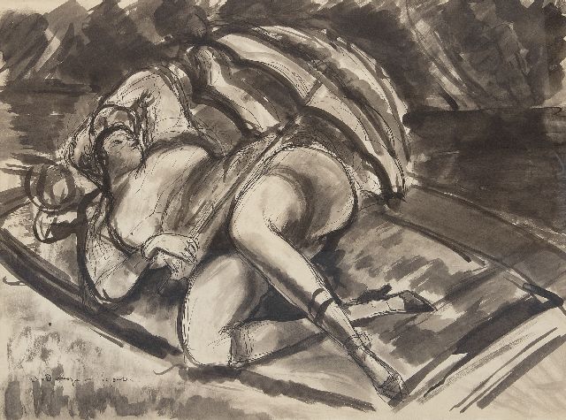 Dunoyer de Segonzac A.A.M.  | Jeune femme nue allongée (a study for Les Canotiers), ink and chalk on paper 47.6 x 62.5 cm, signed l.l. and executed ca. 1924