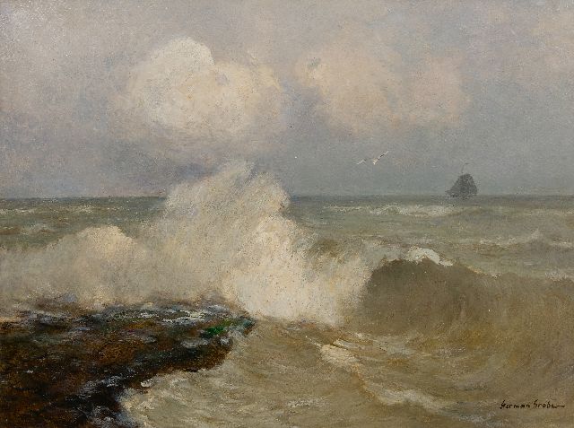 German Grobe | Opspattende golven aan de uitwatering bij Katwijk aan Zee, olieverf op doek, 60,5 x 80,5 cm, gesigneerd l.o.