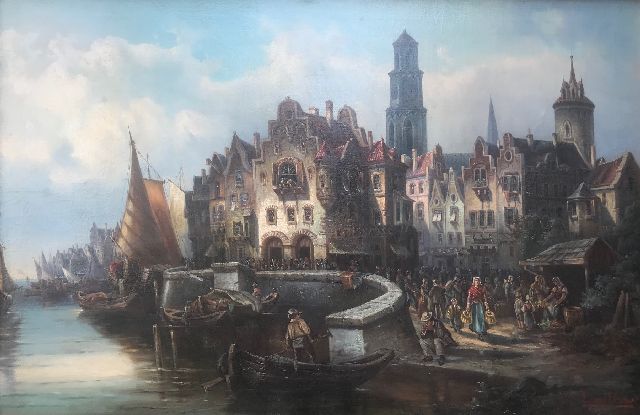 L. van Howe | Bedrijvigheid in een stadshaven, olieverf op doek, 98,0 x 143,0 cm, gesigneerd r.o.