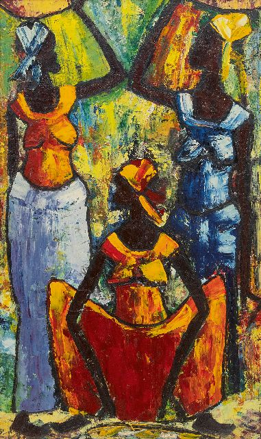 Jespers E.  | Afrikaanse dames 'Porteuses congolaises', olieverf op board 56,0 x 34,0 cm, gesigneerd l.o.
