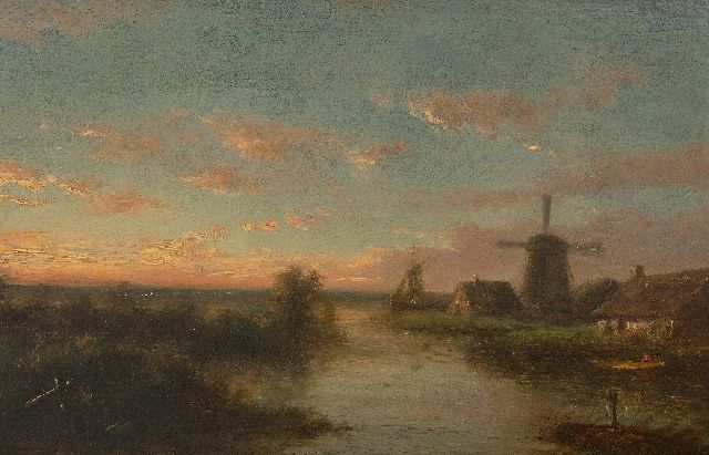 Lodewijk Johannes Kleijn | Rivierlandschap bij zonsondergang, olieverf op paneel, 19,1 x 30,6 cm, gesigneerd r.o.