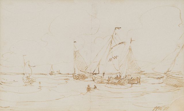 Mesdag H.W.  | Lineman and bomb barges in the surf, pen and ink on paper 11.5 x 18.0 cm, signed l.r. with initials